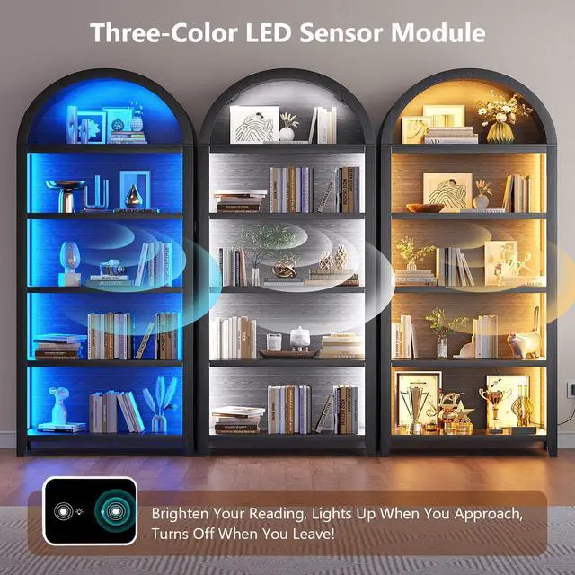 Alt view image 3 of 6 - Arch Bookcase - 5 Tiers Bookshelf with 3 Colors LED Sensor Lights and Thickened Wooden Design Display Shelf for Lego Books Bathroom Living Room - Ideal Gift (Black)
