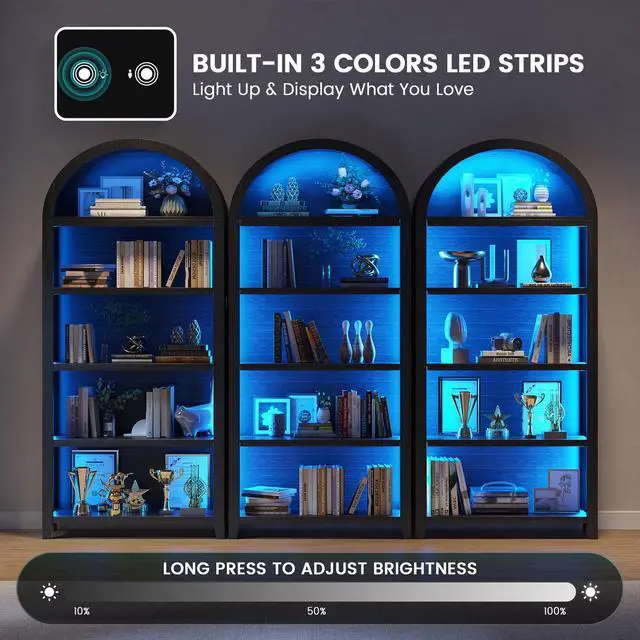 Alt view image 4 of 6 - Arch Bookcase - 5 Tiers Bookshelf with 3 Colors LED Sensor Lights and Thickened Wooden Design Display Shelf for Lego Books Bathroom Living Room - Ideal Gift (Black)
