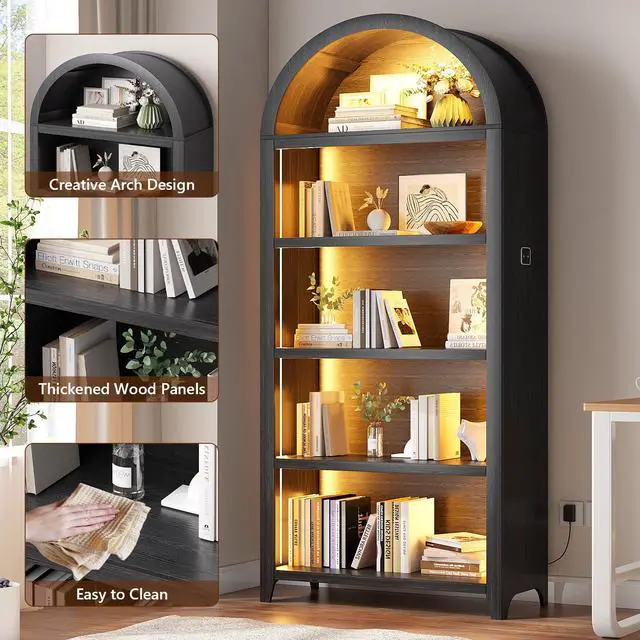 Alt view image 5 of 6 - Arch Bookcase - 5 Tiers Bookshelf with 3 Colors LED Sensor Lights and Thickened Wooden Design Display Shelf for Lego Books Bathroom Living Room - Ideal Gift (Black)
