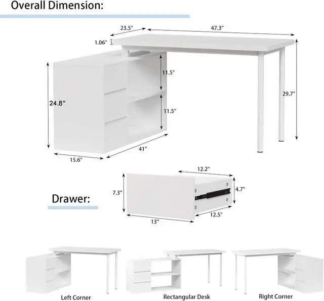 Alt view image 2 of 6 - L Shaped Computer Desk, 47 Inch Home Office Desk with File Drawers & Storage Shelves, Small Corner Computer Desk for Small Space (White)