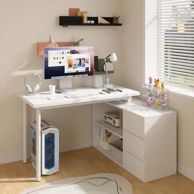 Alt view image 3 of 6 - L Shaped Computer Desk, 47 Inch Home Office Desk with File Drawers & Storage Shelves, Small Corner Computer Desk for Small Space (White)