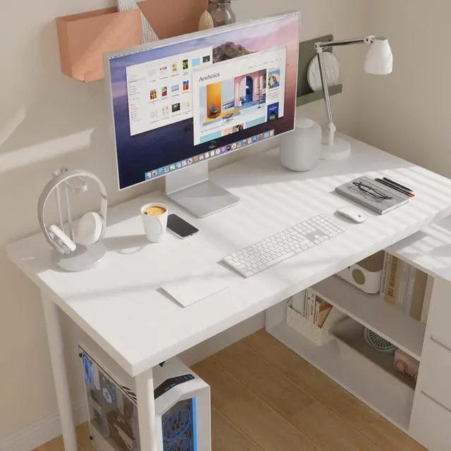Alt view image 5 of 6 - L Shaped Computer Desk, 47 Inch Home Office Desk with File Drawers & Storage Shelves, Small Corner Computer Desk for Small Space (White)