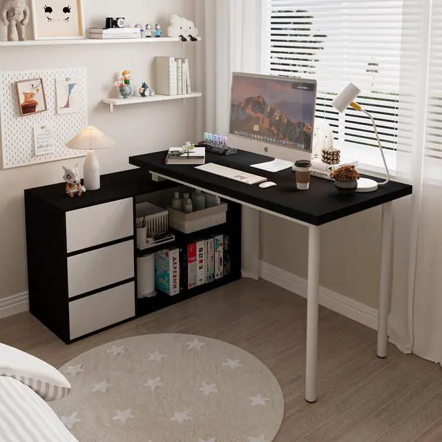 Alt view image 2 of 6 - L Shaped Computer Desk, 47 Inch Home Office Desk with File Drawers & Storage Shelves, Small Corner Computer Desk for Small Space (Black + White)