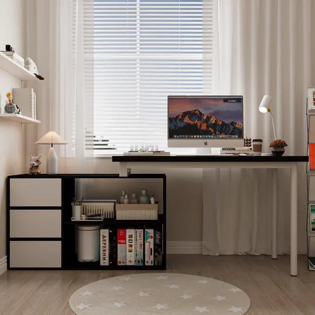 Alt view image 3 of 6 - L Shaped Computer Desk, 47 Inch Home Office Desk with File Drawers & Storage Shelves, Small Corner Computer Desk for Small Space (Black + White)