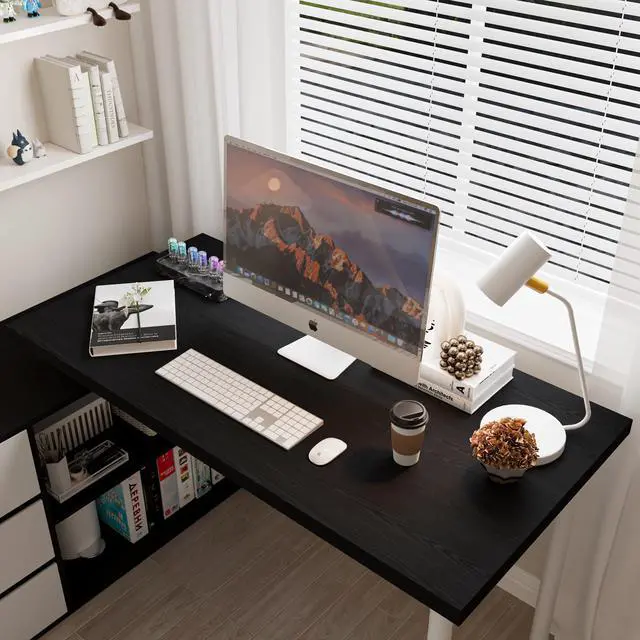 Alt view image 4 of 6 - L Shaped Computer Desk, 47 Inch Home Office Desk with File Drawers & Storage Shelves, Small Corner Computer Desk for Small Space (Black + White)
