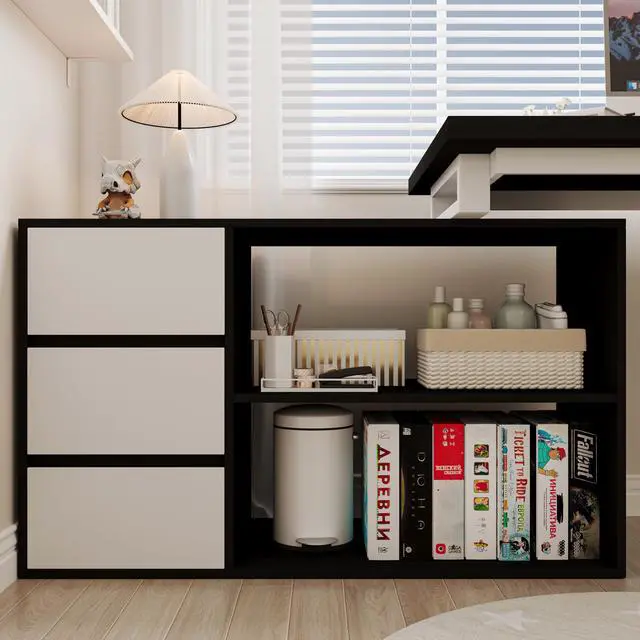Alt view image 5 of 6 - L Shaped Computer Desk, 47 Inch Home Office Desk with File Drawers & Storage Shelves, Small Corner Computer Desk for Small Space (Black + White)