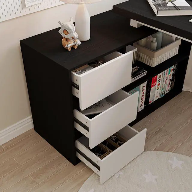 Alt view image 6 of 6 - L Shaped Computer Desk, 47 Inch Home Office Desk with File Drawers & Storage Shelves, Small Corner Computer Desk for Small Space (Black + White)