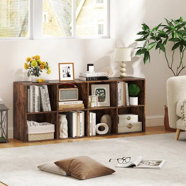 Alt view image 2 of 6 - 8-Cube Bookcase, Floor Standing Bookshelf with Storage & 2 Anti-Tipping Kits, Open Storage Organizer, Cubby Wooden Book Shelf for Living Room, Study (Rustic Brown, 8-Cube)