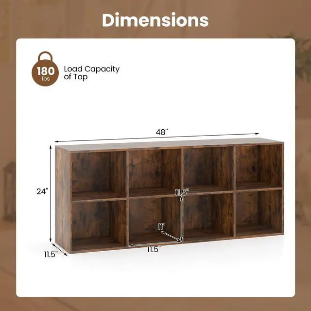 Alt view image 3 of 6 - 8-Cube Bookcase, Floor Standing Bookshelf with Storage & 2 Anti-Tipping Kits, Open Storage Organizer, Cubby Wooden Book Shelf for Living Room, Study (Rustic Brown, 8-Cube)