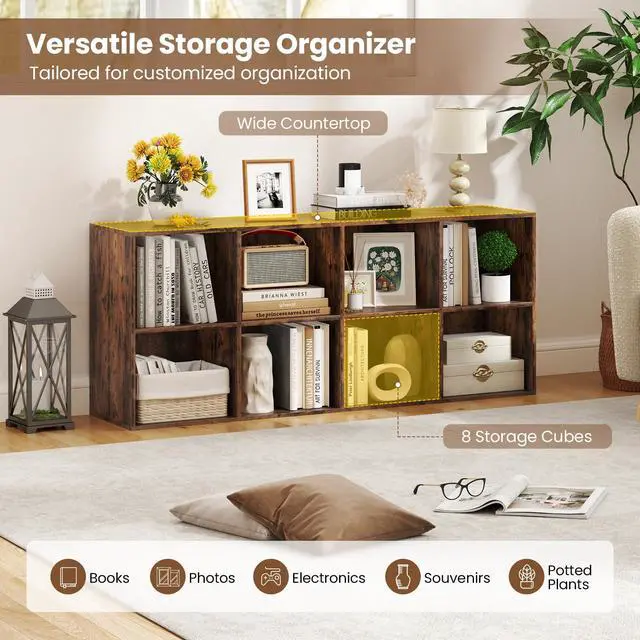 Alt view image 4 of 6 - 8-Cube Bookcase, Floor Standing Bookshelf with Storage & 2 Anti-Tipping Kits, Open Storage Organizer, Cubby Wooden Book Shelf for Living Room, Study (Rustic Brown, 8-Cube)