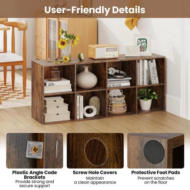 Alt view image 6 of 6 - 8-Cube Bookcase, Floor Standing Bookshelf with Storage & 2 Anti-Tipping Kits, Open Storage Organizer, Cubby Wooden Book Shelf for Living Room, Study (Rustic Brown, 8-Cube)