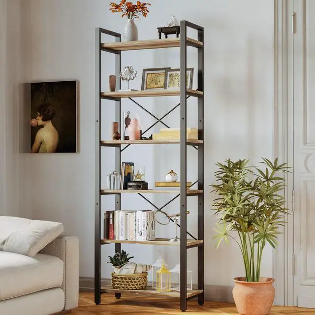 Alt view image 2 of 6 - Bookshelf 6-Tier Ladder Shelf 110 lbs or Shelf Display Shelf Vintage Industrial Style Bookcase for Home Office, Living Room
