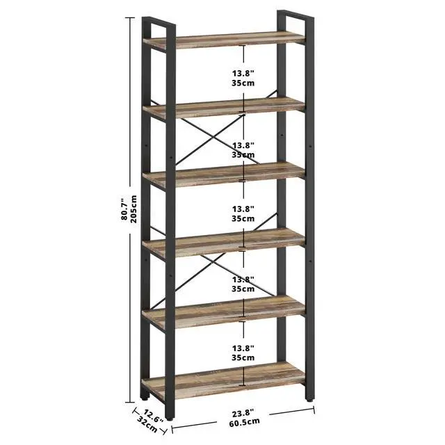 Alt view image 3 of 6 - Bookshelf 6-Tier Ladder Shelf 110 lbs or Shelf Display Shelf Vintage Industrial Style Bookcase for Home Office, Living Room