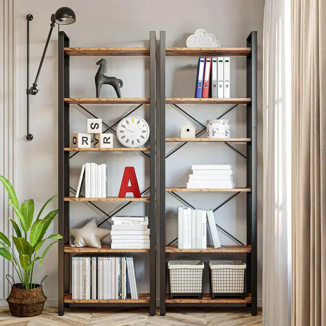 Alt view image 2 of 6 - Bookshelf 6-Tier Ladder Shelf 110lbs Display Shelf Vintage Industrial Style Bookcase for Home Office, Living Room