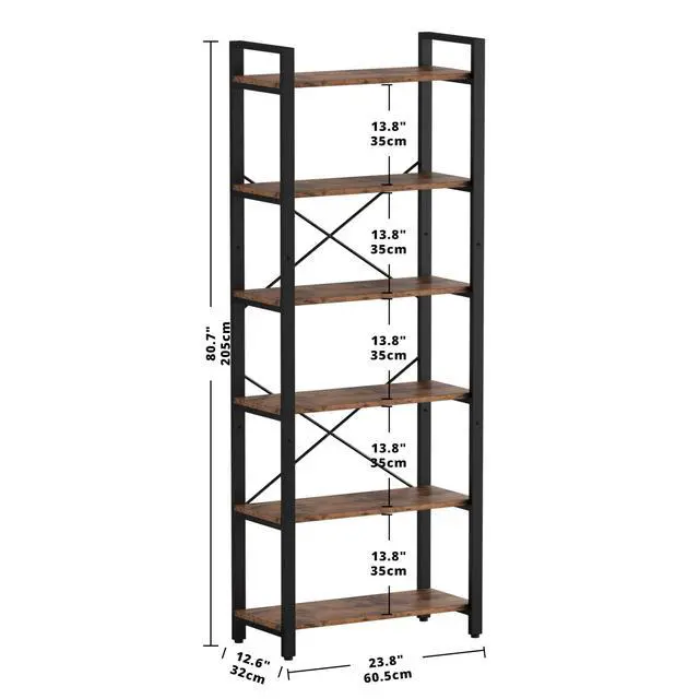 Alt view image 3 of 6 - Bookshelf 6-Tier Ladder Shelf 110lbs Display Shelf Vintage Industrial Style Bookcase for Home Office, Living Room