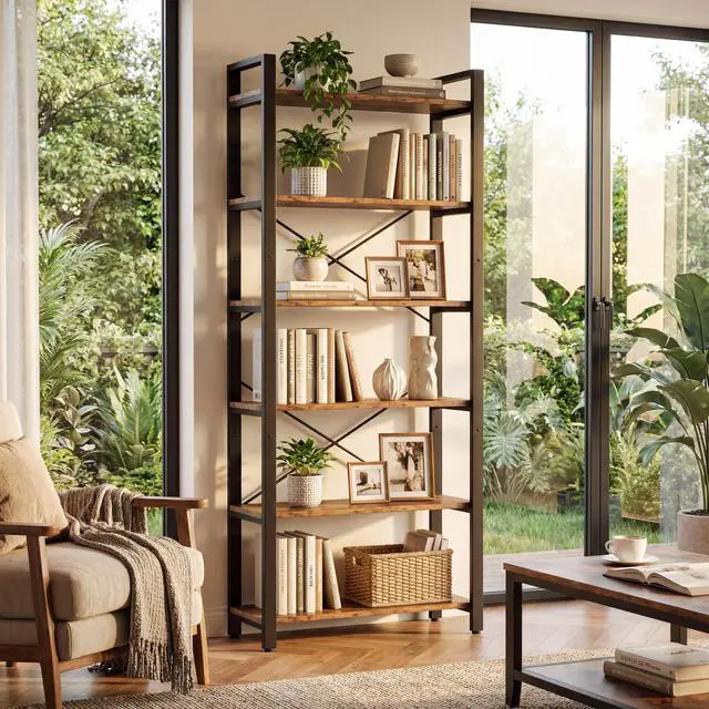 Alt view image 4 of 6 - Bookshelf 6-Tier Ladder Shelf 110lbs Display Shelf Vintage Industrial Style Bookcase for Home Office, Living Room