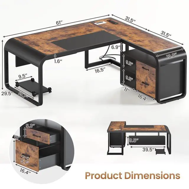 Alt view image 2 of 6 - 61 Inch Executive Desk, Large Office Desk with File Drawer, L Shaped Desk with Drawers, Computer Desk with Mobile CPU Stand, Storage Shelves, Power Outlets for Home Office, Rustic Brown
