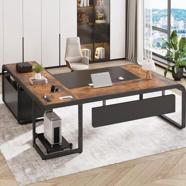 Alt view image 3 of 6 - 61 Inch Executive Desk, Large Office Desk with File Drawer, L Shaped Desk with Drawers, Computer Desk with Mobile CPU Stand, Storage Shelves, Power Outlets for Home Office, Rustic Brown