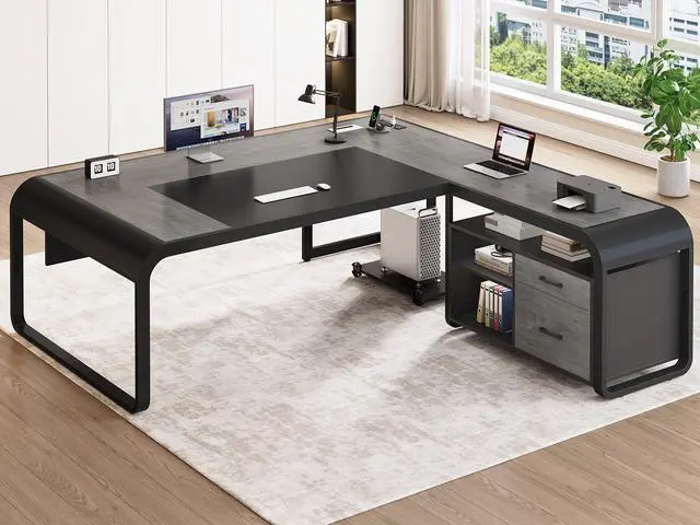 Main image of 61 Inch Executive Desk, Large Office Desk with File Drawer, L Shaped Desk with Drawers, Computer Desk with Mobile CPU Stand, Storage Shelves, Power Outlets for Home Office, Gray