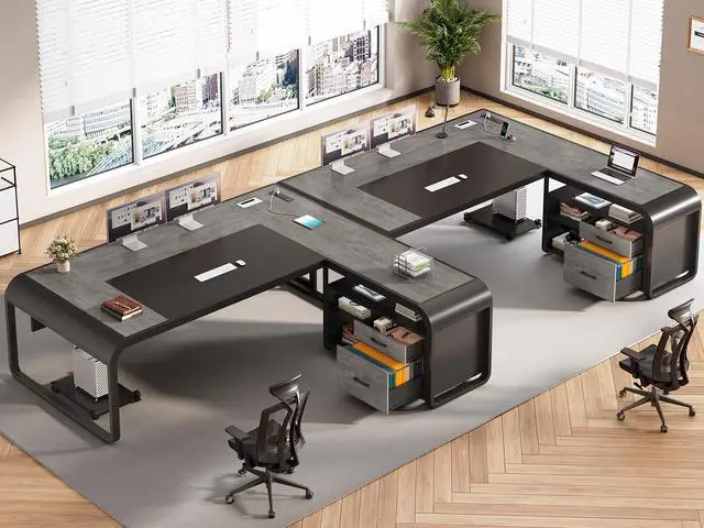 Alt view image 3 of 6 - 61 Inch Executive Desk, Large Office Desk with File Drawer, L Shaped Desk with Drawers, Computer Desk with Mobile CPU Stand, Storage Shelves, Power Outlets for Home Office, Gray