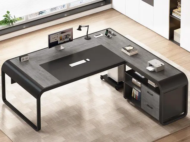 Alt view image 6 of 6 - 61 Inch Executive Desk, Large Office Desk with File Drawer, L Shaped Desk with Drawers, Computer Desk with Mobile CPU Stand, Storage Shelves, Power Outlets for Home Office, Gray