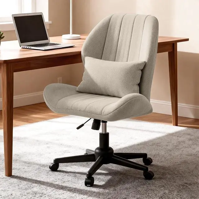 Main image of Criss Cross Chair with Wheels, Wide Cross Legged Office Chair Armless Comfy Desk Chair with Tall Back Vanity Chairs with Stress Relief Curved Design Seat for Bedroom & Office & Home Oatmeal