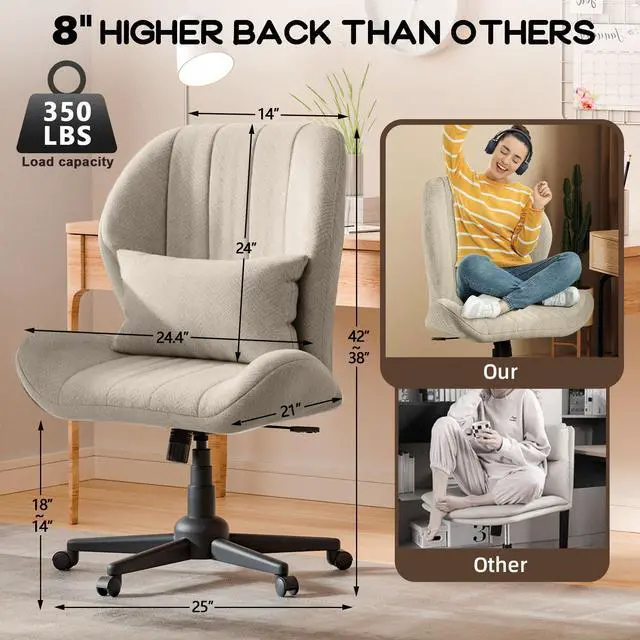 Alt view image 2 of 6 - Criss Cross Chair with Wheels, Wide Cross Legged Office Chair Armless Comfy Desk Chair with Tall Back Vanity Chairs with Stress Relief Curved Design Seat for Bedroom & Office & Home Oatmeal