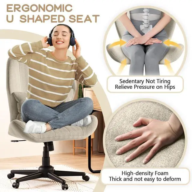Alt view image 3 of 6 - Criss Cross Chair with Wheels, Wide Cross Legged Office Chair Armless Comfy Desk Chair with Tall Back Vanity Chairs with Stress Relief Curved Design Seat for Bedroom & Office & Home Oatmeal