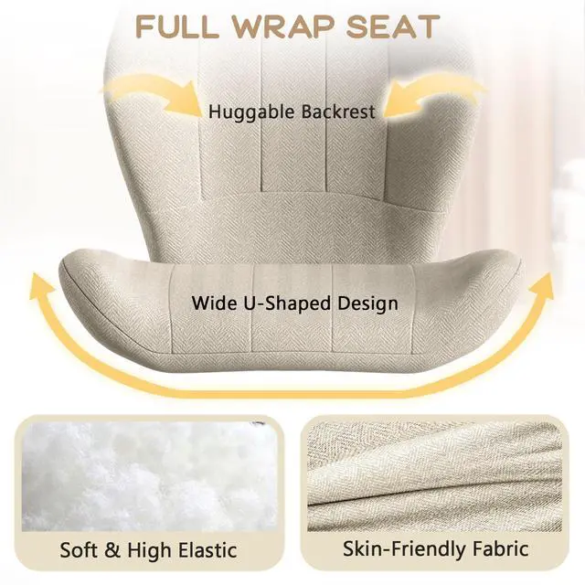 Alt view image 4 of 6 - Criss Cross Chair with Wheels, Wide Cross Legged Office Chair Armless Comfy Desk Chair with Tall Back Vanity Chairs with Stress Relief Curved Design Seat for Bedroom & Office & Home Oatmeal