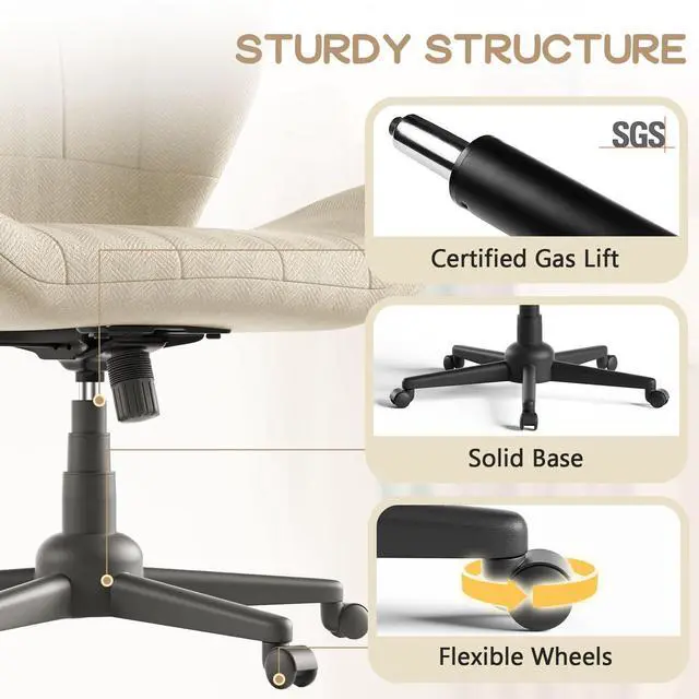 Alt view image 6 of 6 - Criss Cross Chair with Wheels, Wide Cross Legged Office Chair Armless Comfy Desk Chair with Tall Back Vanity Chairs with Stress Relief Curved Design Seat for Bedroom & Office & Home Oatmeal