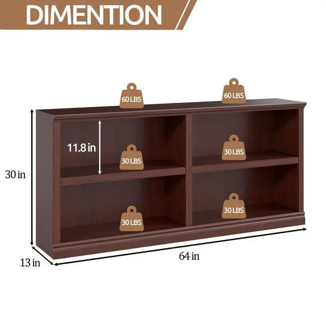 Alt view image 2 of 6 - Low Horizontal Bookshelf Double Wide 64" 2-Tier Bookcase 4 Cube Storage Organizer Cherry Wood Bookcases for Bedroom and Home Office Decor Display