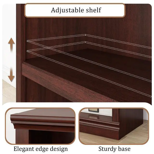 Alt view image 3 of 6 - Low Horizontal Bookshelf Double Wide 64" 2-Tier Bookcase 4 Cube Storage Organizer Cherry Wood Bookcases for Bedroom and Home Office Decor Display