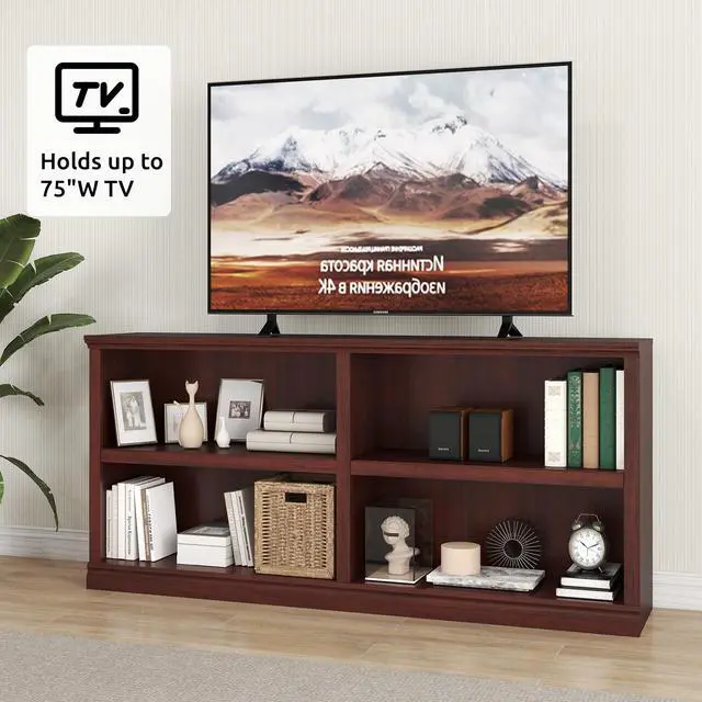 Alt view image 5 of 6 - Low Horizontal Bookshelf Double Wide 64" 2-Tier Bookcase 4 Cube Storage Organizer Cherry Wood Bookcases for Bedroom and Home Office Decor Display