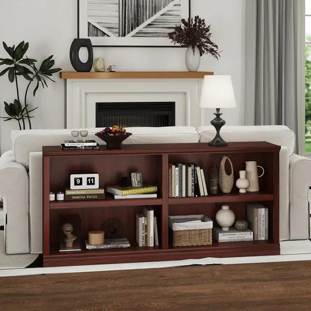 Alt view image 6 of 6 - Low Horizontal Bookshelf Double Wide 64" 2-Tier Bookcase 4 Cube Storage Organizer Cherry Wood Bookcases for Bedroom and Home Office Decor Display