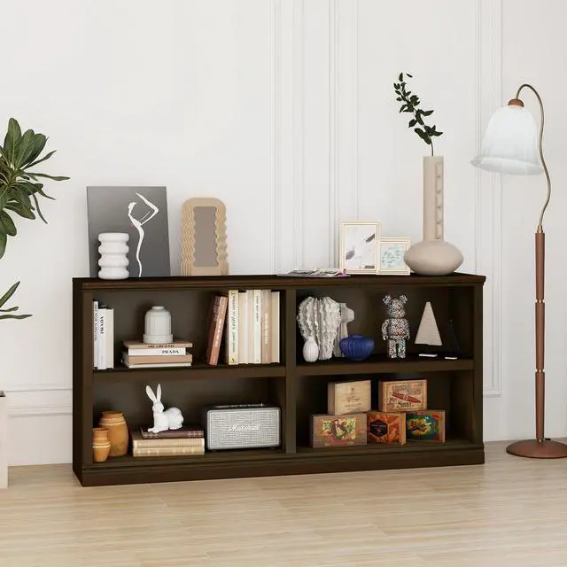 Main image of Low Horizontal Bookshelf Double Wide 64" 2-Tier Bookcase 4 Cube Storage Organizer Cherry Wood Bookcases for Bedroom and Home Office Decor Display
