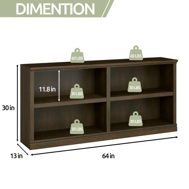Alt view image 2 of 6 - Low Horizontal Bookshelf Double Wide 64" 2-Tier Bookcase 4 Cube Storage Organizer Cherry Wood Bookcases for Bedroom and Home Office Decor Display