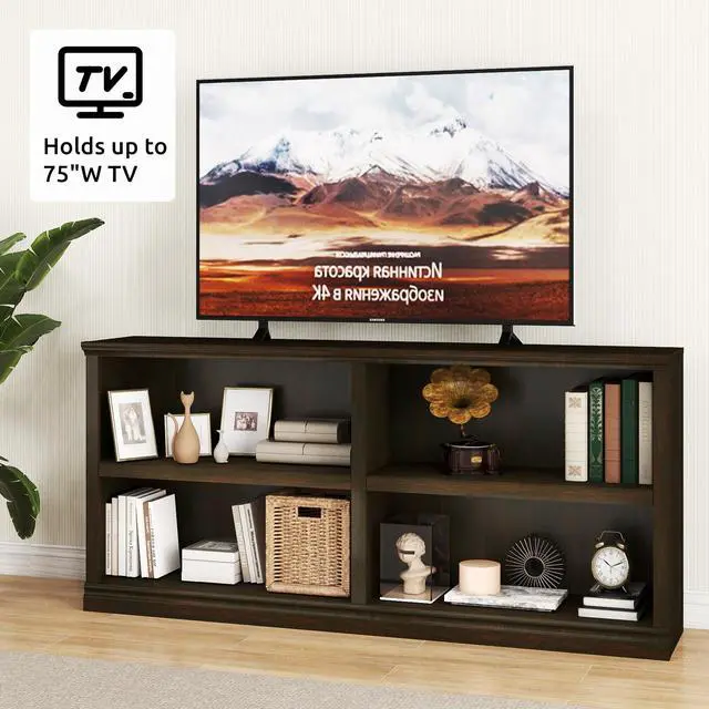 Alt view image 5 of 6 - Low Horizontal Bookshelf Double Wide 64" 2-Tier Bookcase 4 Cube Storage Organizer Cherry Wood Bookcases for Bedroom and Home Office Decor Display