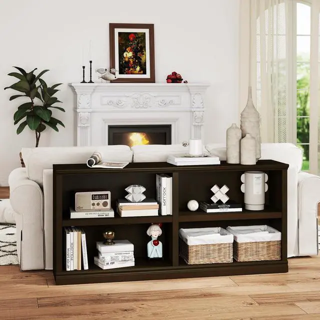 Alt view image 6 of 6 - Low Horizontal Bookshelf Double Wide 64" 2-Tier Bookcase 4 Cube Storage Organizer Cherry Wood Bookcases for Bedroom and Home Office Decor Display