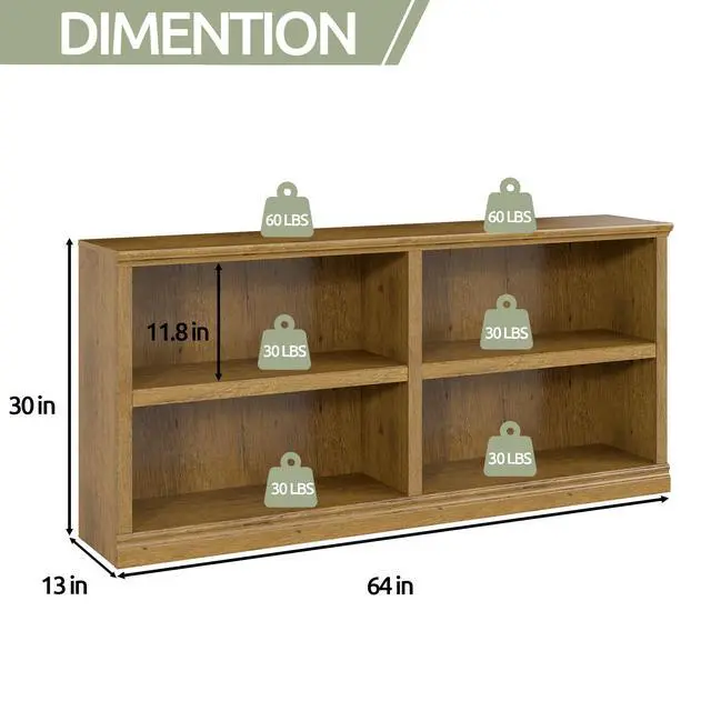 Alt view image 2 of 6 - Bookshelf Double Wide 64 2-Tier Bookcase Vintage Oak 4 Cube Storage Organizer Wooden Bookcases for Bedroom and Home Office Decor Display