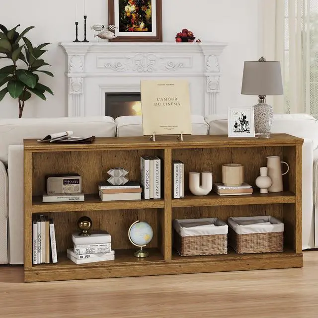 Alt view image 5 of 6 - Bookshelf Double Wide 64 2-Tier Bookcase Vintage Oak 4 Cube Storage Organizer Wooden Bookcases for Bedroom and Home Office Decor Display