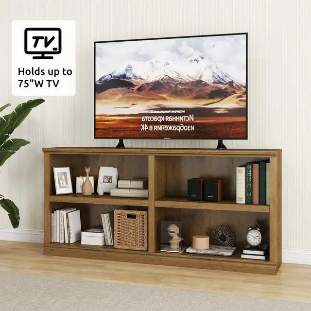 Alt view image 6 of 6 - Bookshelf Double Wide 64 2-Tier Bookcase Vintage Oak 4 Cube Storage Organizer Wooden Bookcases for Bedroom and Home Office Decor Display