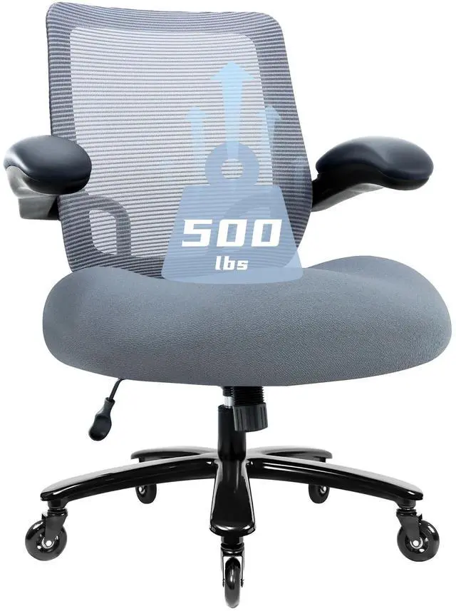 Main image of 500LBS Big and Tall Office Chair with Flip-Up Armrests, Heavy Duty Office Chair for Heavy People, Memory Foam Seat Filling Springs, Grey
