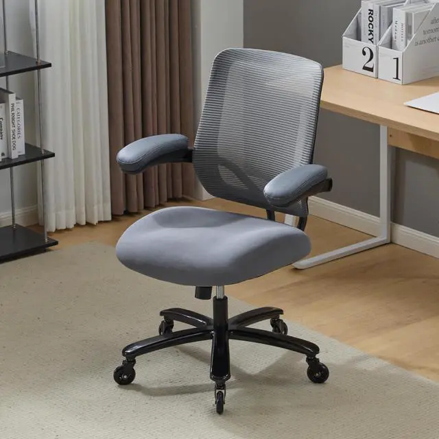 Alt view image 2 of 6 - 500LBS Big and Tall Office Chair with Flip-Up Armrests, Heavy Duty Office Chair for Heavy People, Memory Foam Seat Filling Springs, Grey