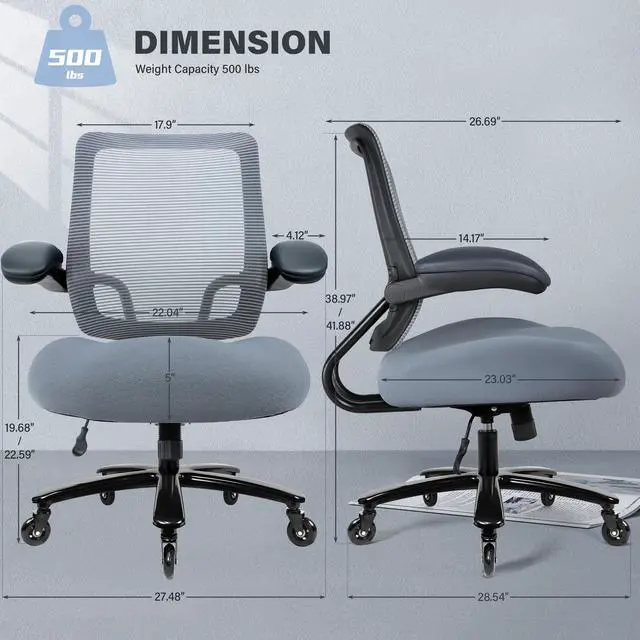 Alt view image 3 of 6 - 500LBS Big and Tall Office Chair with Flip-Up Armrests, Heavy Duty Office Chair for Heavy People, Memory Foam Seat Filling Springs, Grey