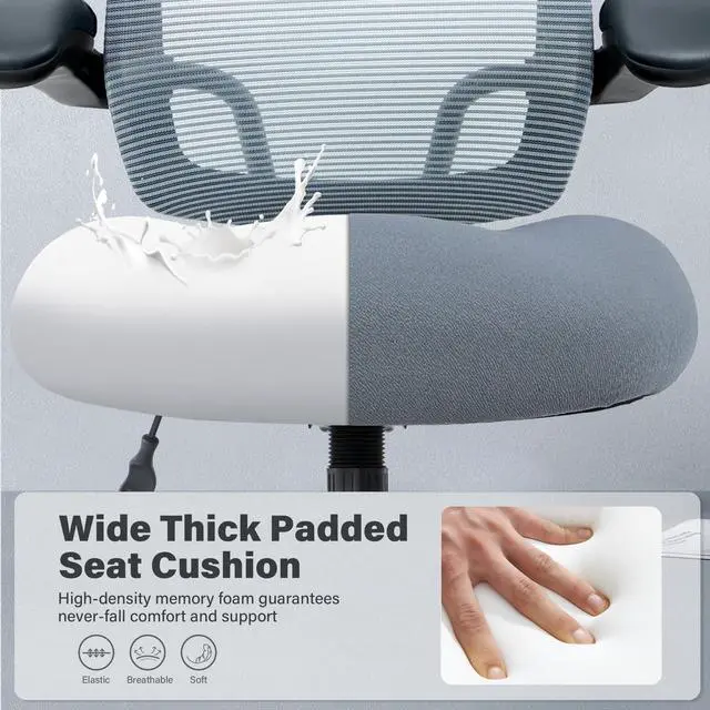 Alt view image 4 of 6 - 500LBS Big and Tall Office Chair with Flip-Up Armrests, Heavy Duty Office Chair for Heavy People, Memory Foam Seat Filling Springs, Grey