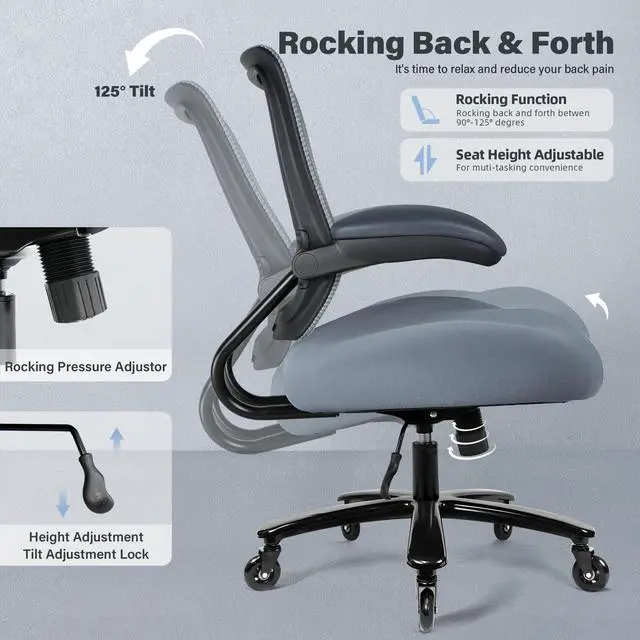 Alt view image 5 of 6 - 500LBS Big and Tall Office Chair with Flip-Up Armrests, Heavy Duty Office Chair for Heavy People, Memory Foam Seat Filling Springs, Grey