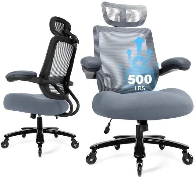 Main image of 500lbs Big and Tall Office Chair - Heavy Duty Mesh Ergonomic Desk Chair with Headrest, High Back Computer Chair - Flip-up Armrests, Wide Thick Seat Cushion, Quiet Wheels, Grey