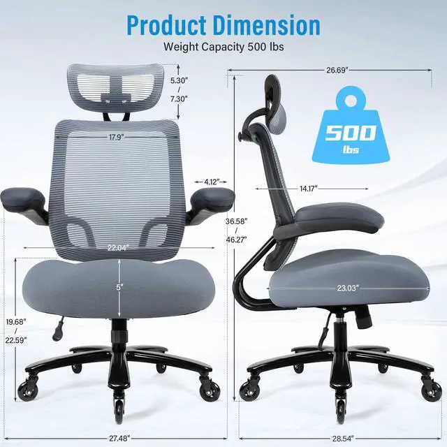Alt view image 2 of 6 - 500lbs Big and Tall Office Chair - Heavy Duty Mesh Ergonomic Desk Chair with Headrest, High Back Computer Chair - Flip-up Armrests, Wide Thick Seat Cushion, Quiet Wheels, Grey