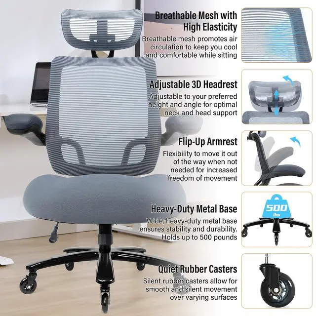 Alt view image 3 of 6 - 500lbs Big and Tall Office Chair - Heavy Duty Mesh Ergonomic Desk Chair with Headrest, High Back Computer Chair - Flip-up Armrests, Wide Thick Seat Cushion, Quiet Wheels, Grey