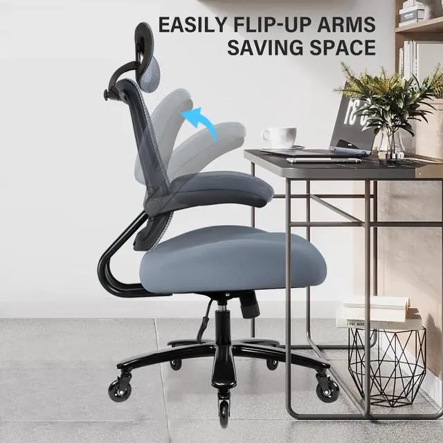 Alt view image 4 of 6 - 500lbs Big and Tall Office Chair - Heavy Duty Mesh Ergonomic Desk Chair with Headrest, High Back Computer Chair - Flip-up Armrests, Wide Thick Seat Cushion, Quiet Wheels, Grey